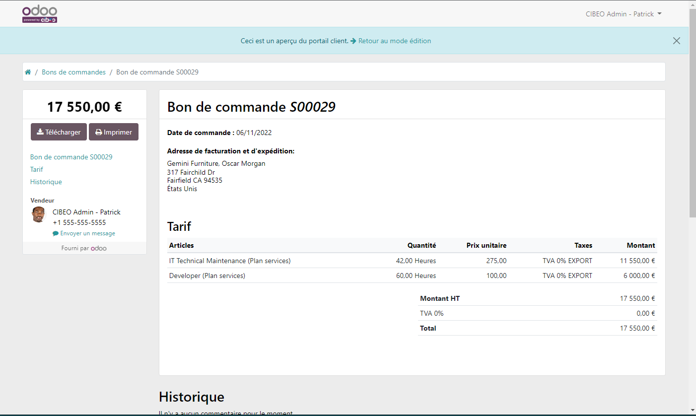 Odoo, portail commande client